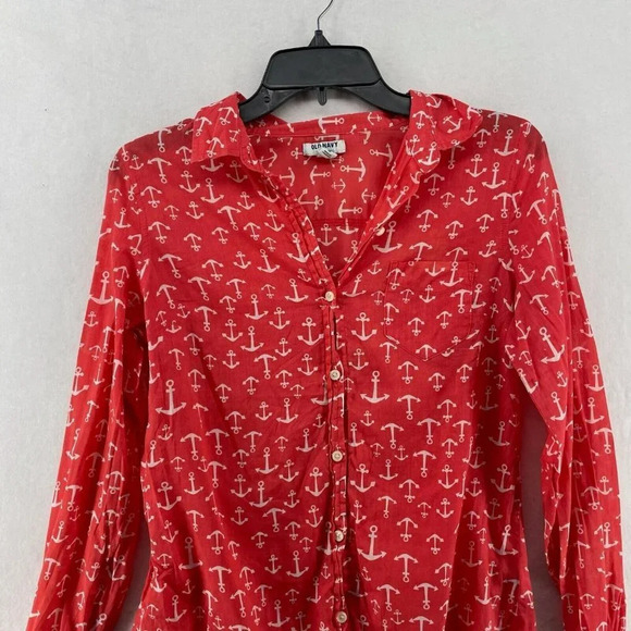 Old Navy Button-Up Shirt Women's Sz XS Red Anchor Print Collared Long Sleeves - Picture 5 of 11